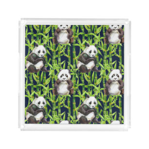 Panda With Bamboo Watercolor Pattern Acrylic Tray