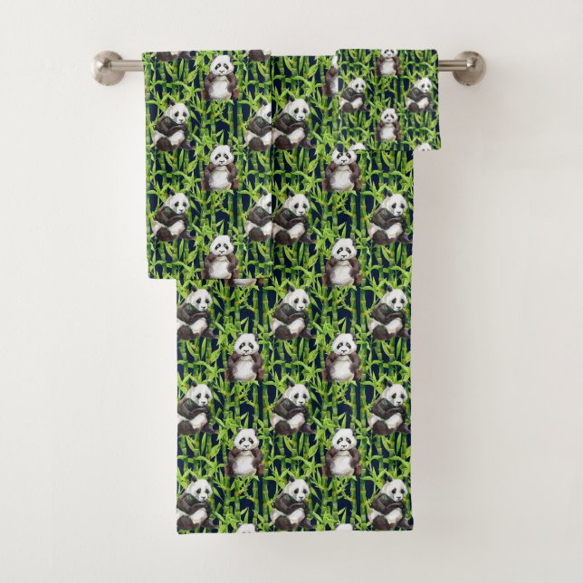 Panda With Bamboo Watercolor Pattern Bath Towel Set (Insitu)
