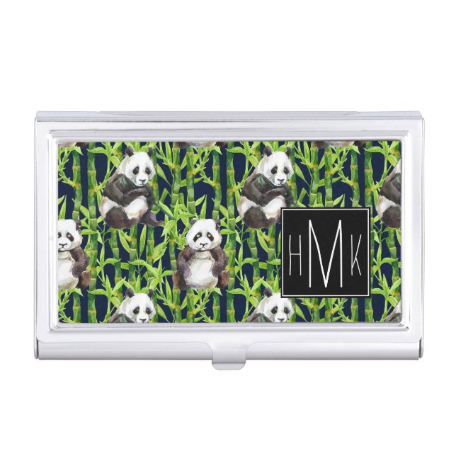 Panda With Bamboo Watercolor Pattern | Monogram Business Card Holder (Front)