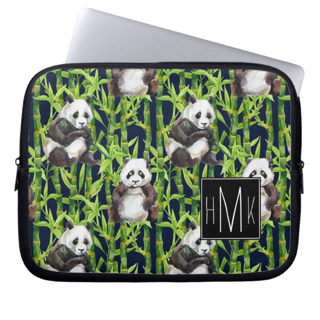 Panda With Bamboo Watercolor Pattern | Monogram Laptop Sleeve (Front)