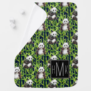 Panda With Bamboo Watercolor Pattern Monogram Receiving Blanket