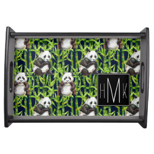 Panda With Bamboo Watercolor Pattern Monogram Serving Tray