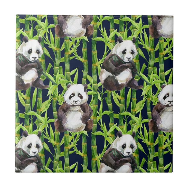 Panda With Bamboo Watercolor Pattern Tile (Front)