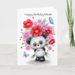 Panda with Beautiful Flowers, Happy Birthday MOM Card