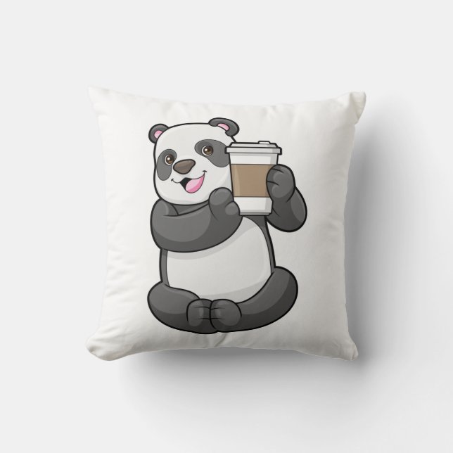 Panda with Coffee to go Throw Pillow (Front)