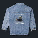 Panda With Coffee What Day Is Today Who Cares Gift Denim Jacket<br><div class="desc">Panda With Coffee What Day Is Today Who Cares I'm Retired Hoodie Funny Retirement Gift Ideas</div>