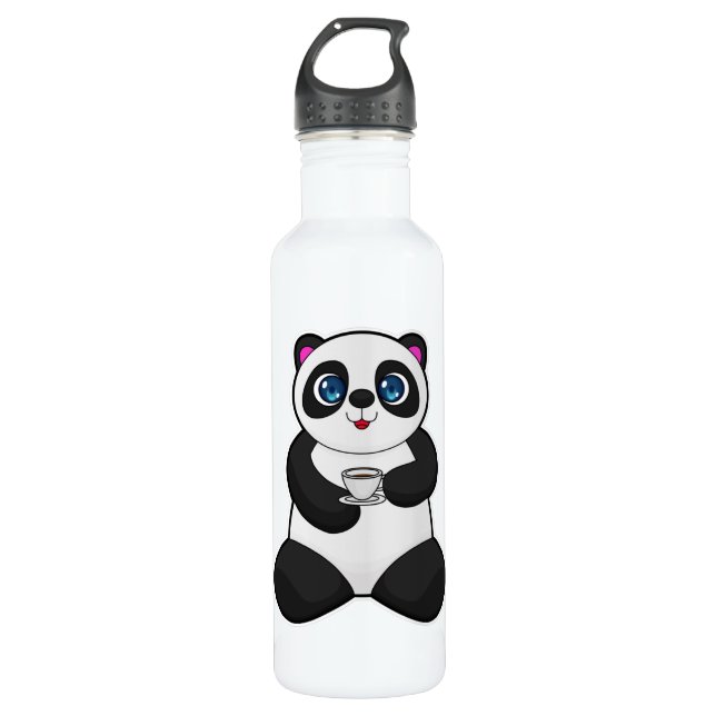 Panda with Cup of Coffee Stainless Steel Water Bottle (Front)