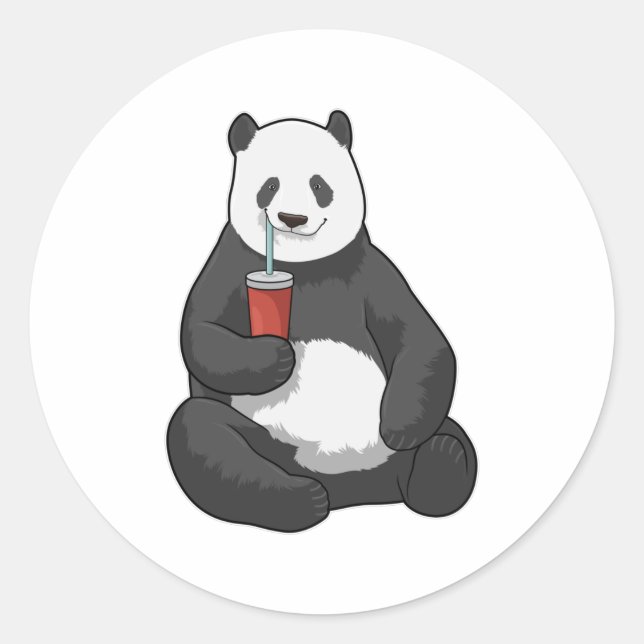 Panda with Drink Classic Round Sticker (Front)