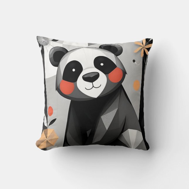 Panda With Geometric Style and Playful Floral Throw Pillow (Front)