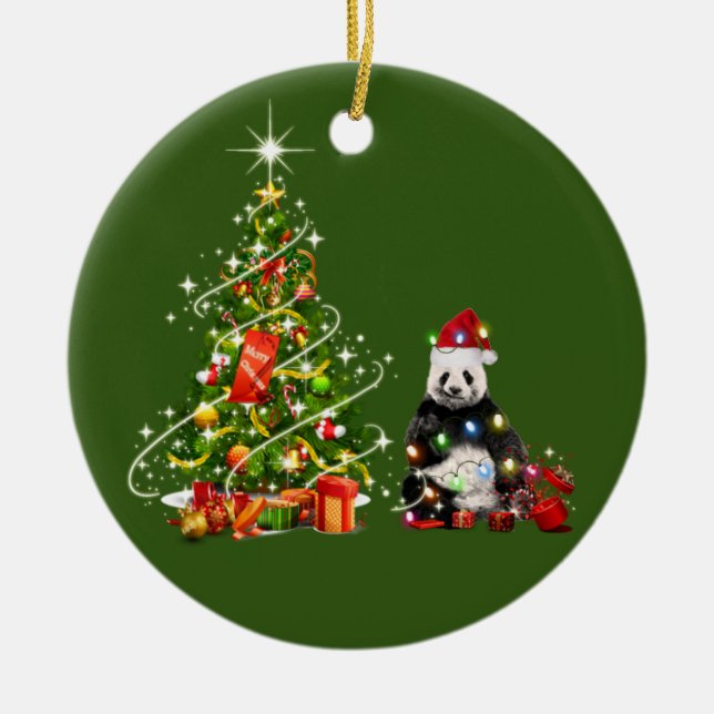 Panda With Hat LIGHTS Christmas Ceramic Ornament (Front)