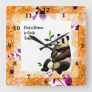 Panda with Orange Flower Frame Square Wall Clock