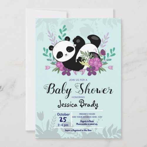 Panda with Purple Flowers Baby Shower Invitation