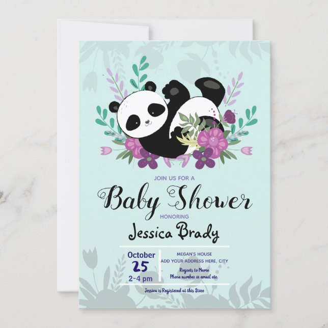 Panda with Purple Flowers Baby Shower Invitation (Front)