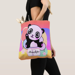 Panda with Rainbow Pastels on little Cloud Tote Bag