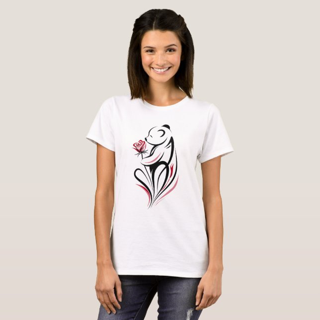 Panda with Rose Line Art T-Shirt (Front Full)