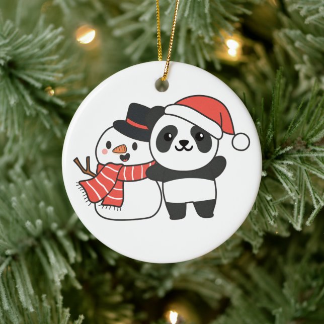 Panda With Snowman In Winter For Christmas Ceramic Ornament (Tree)