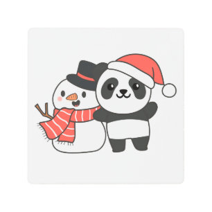 Panda With Snowman In Winter For Christmas Metal P Print