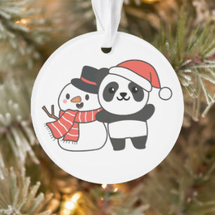 Panda With Snowman In Winter For Christmas Ornamen Ornament
