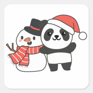 Panda With Snowman In Winter For Christmas Square Sticker