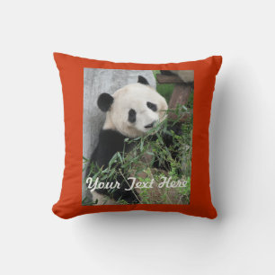 Panda, Your Text, Solid Orange Back Square Throw Pillow
