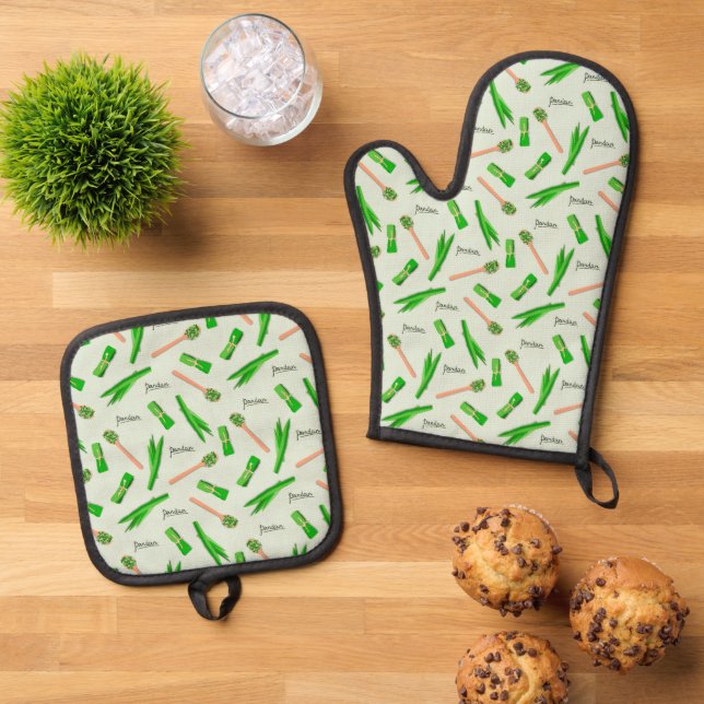 Pandan Leaf Pattern Oven Mitt & Pot Holders Holder Set (Top Down)