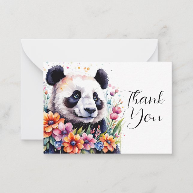 Pandas Amidst Blooming Flowers Thank You Note Card (Front)