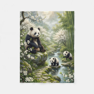 Pandas And Forest Wildlife Nature Scene Botanical Fleece Blanket