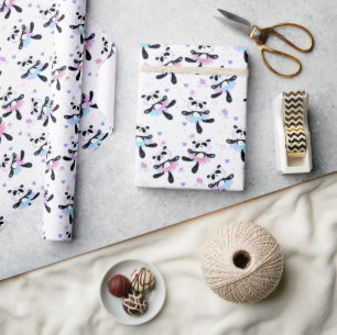 Pandas Ballerinas Dancing Cute on White Wrapping Paper