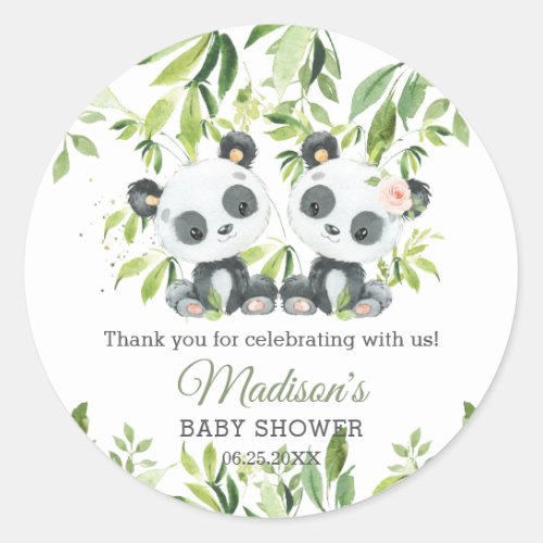 Pandas Bamboo Greenery Twin Boy Girl Baby Shower Classic Round Sticker