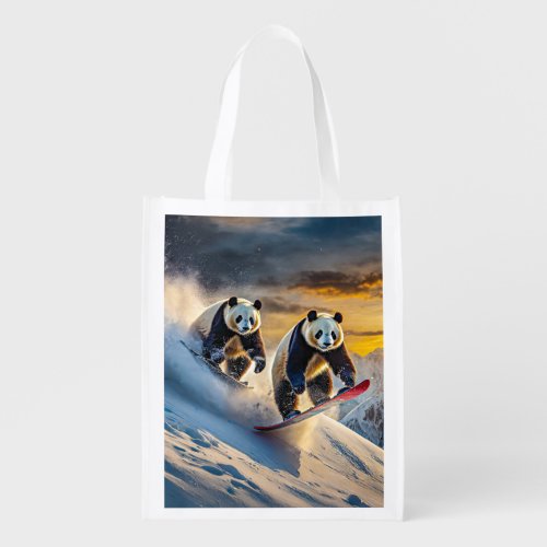 Pandas On Snowboards Design by Rich AMeN Gill Grocery Bag