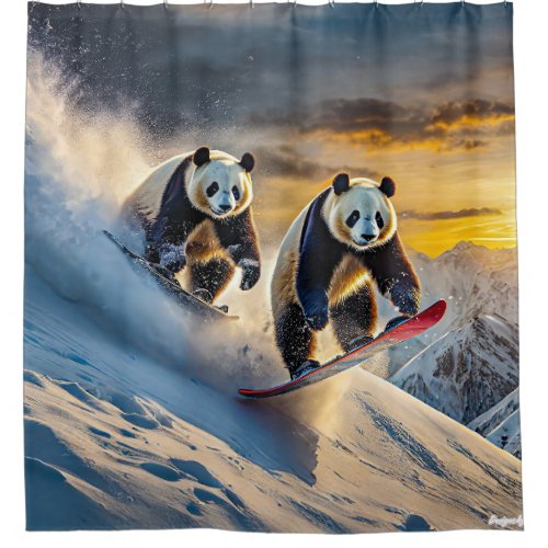 Pandas On Snowboards Design by Rich AMeN Gill Shower Curtain