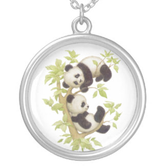 Pandas Playing in a Tree Silver Plated Necklace