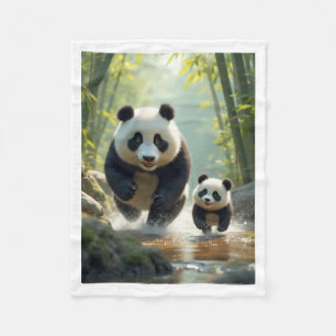 Pandas Running by River Cozy Fleece Blanket