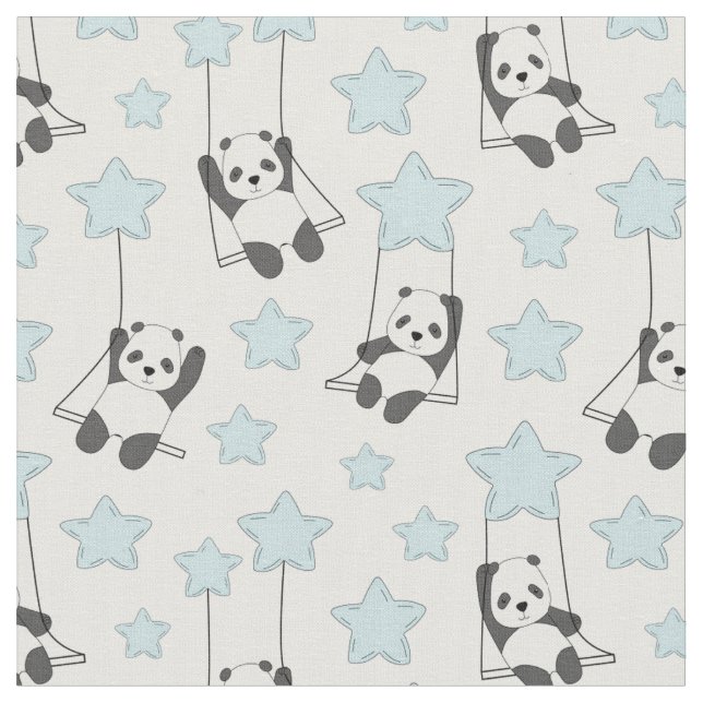 Pandas Swinging From Stars Fabric (Close Up)