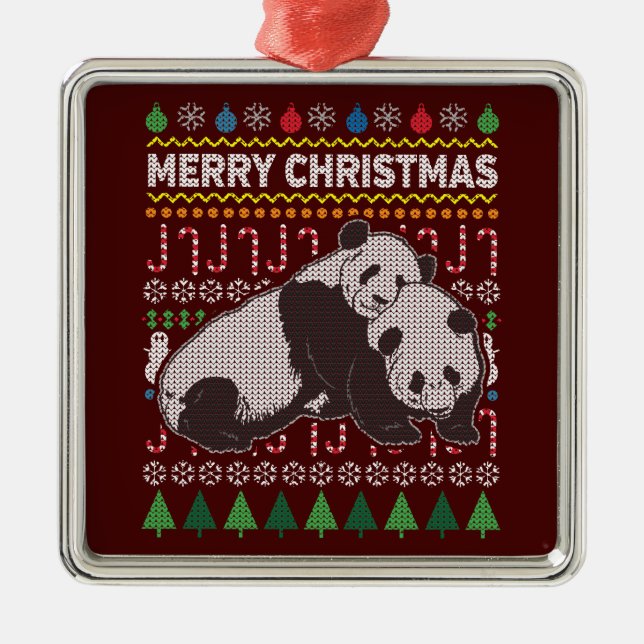 Pandas Ugly Christmas Sweater Wildlife Series Metal Ornament (Front)