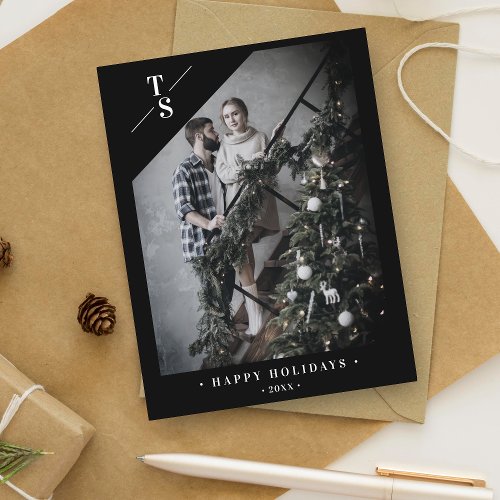 Pandemic Modern Black Happy Holidays Custom Photo Announcement Postcard