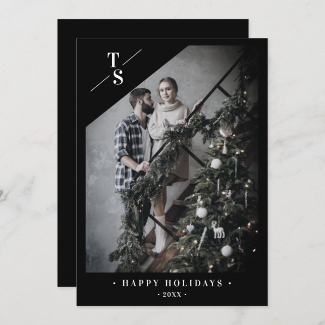 Pandemic Modern Black Happy Holidays Custom Photo Holiday Card (Front/Back)