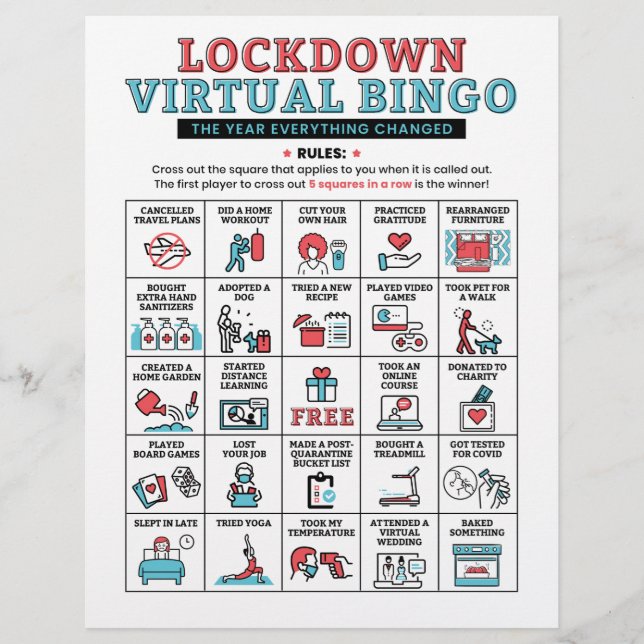 Pandemic Year Quarantine Bingo Lockdown Activities (Front)