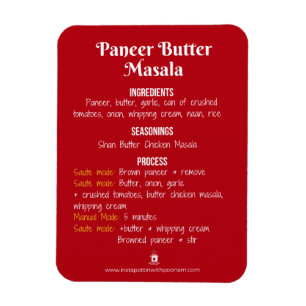 Paneer Butter Masala Recipe Magnet for Instant Pot