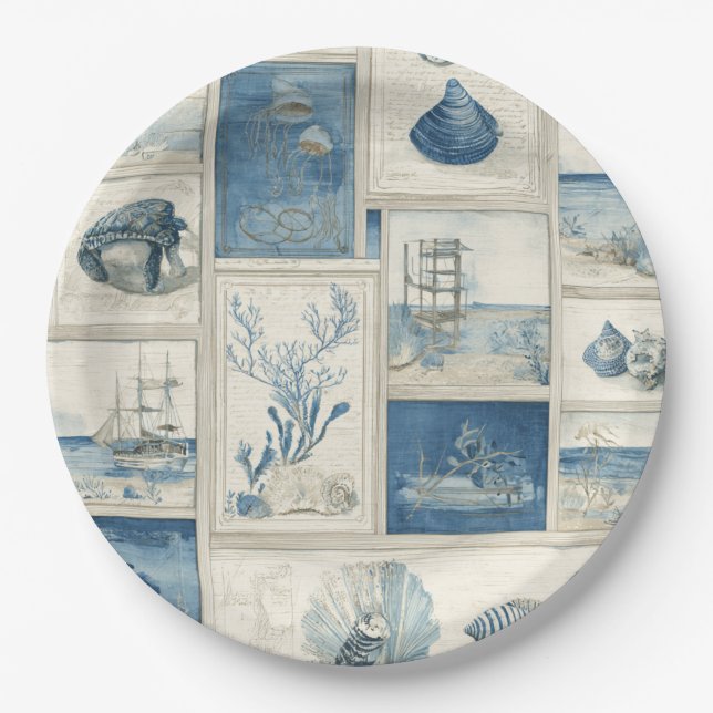 PANEL Cobalt Seas – Coastal Paradise Blocks Paper Plates (Front)