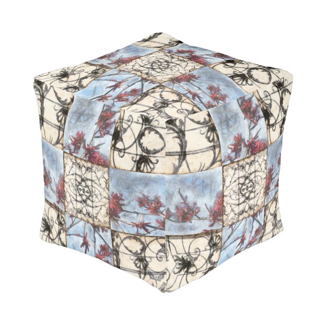 Paneled Abstract Scrollwork Painting Pouf (Angled Front)