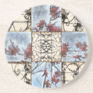 Paneled Abstract Scrollwork Painting Sandstone Coaster