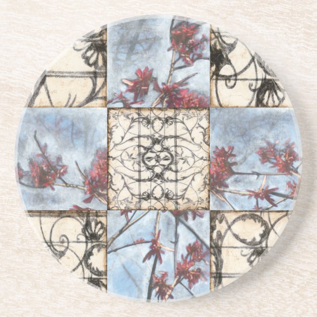 Paneled Abstract Scrollwork Painting Sandstone Coaster (Front)