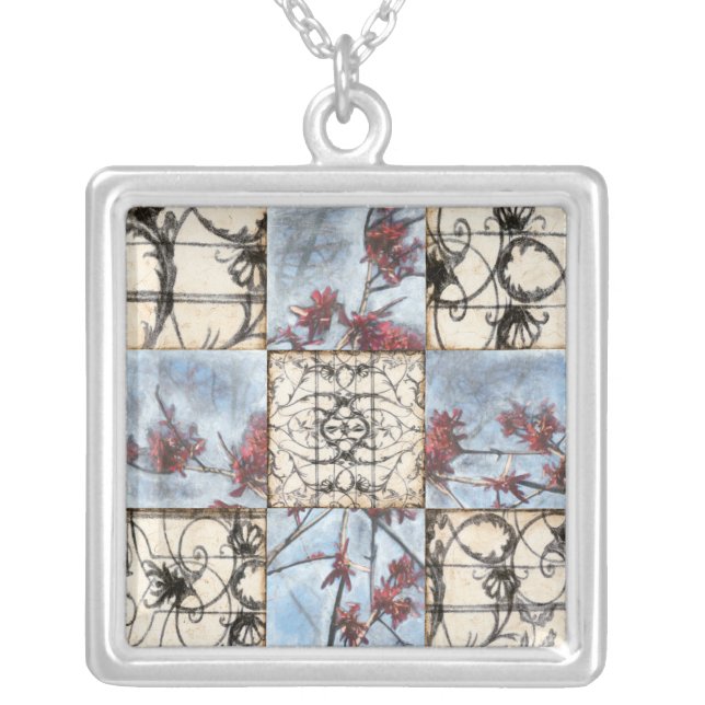 Paneled Abstract Scrollwork Painting Silver Plated Necklace (Front)