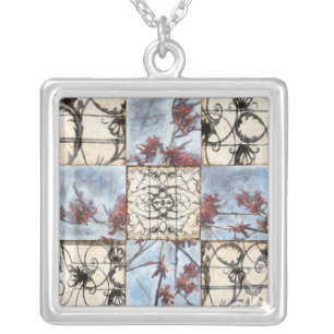 Paneled Abstract Scrollwork Painting Silver Plated Necklace