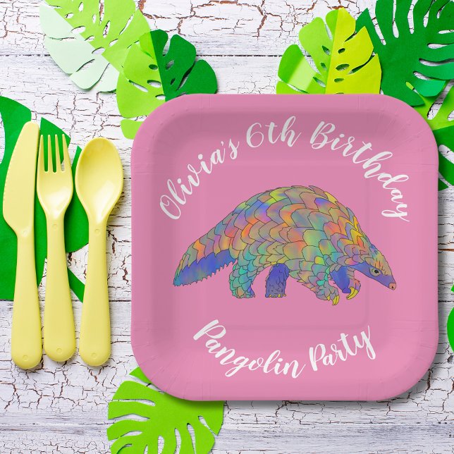 Pangolin 6th Birthday Party Pink Paper Plates (Cute pangolin 6th birthday party personalized name pink paper plate)