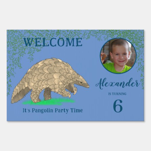 Pangolin Birthday Party Welcome Blue Sign