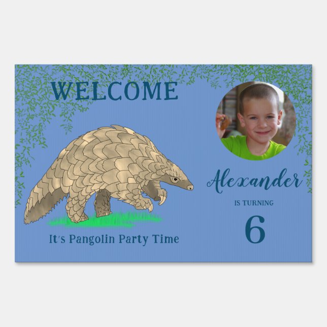 Pangolin Birthday Party Welcome Blue Sign (Back)