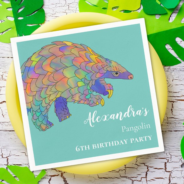 Pangolin Colorful Birthday Party Napkins (Cute pangolin colorful personalized 6th birthday party paper napkins)