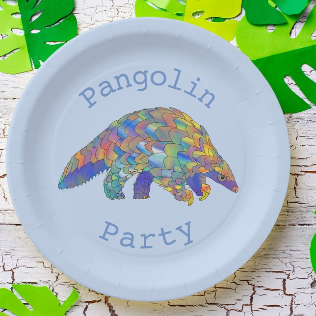 Pangolin Party Endangered Animal Activism Blue Art Paper Plates (Cute pangolin party paper plate ideal for birthdays or summer parties colorful animal art)
